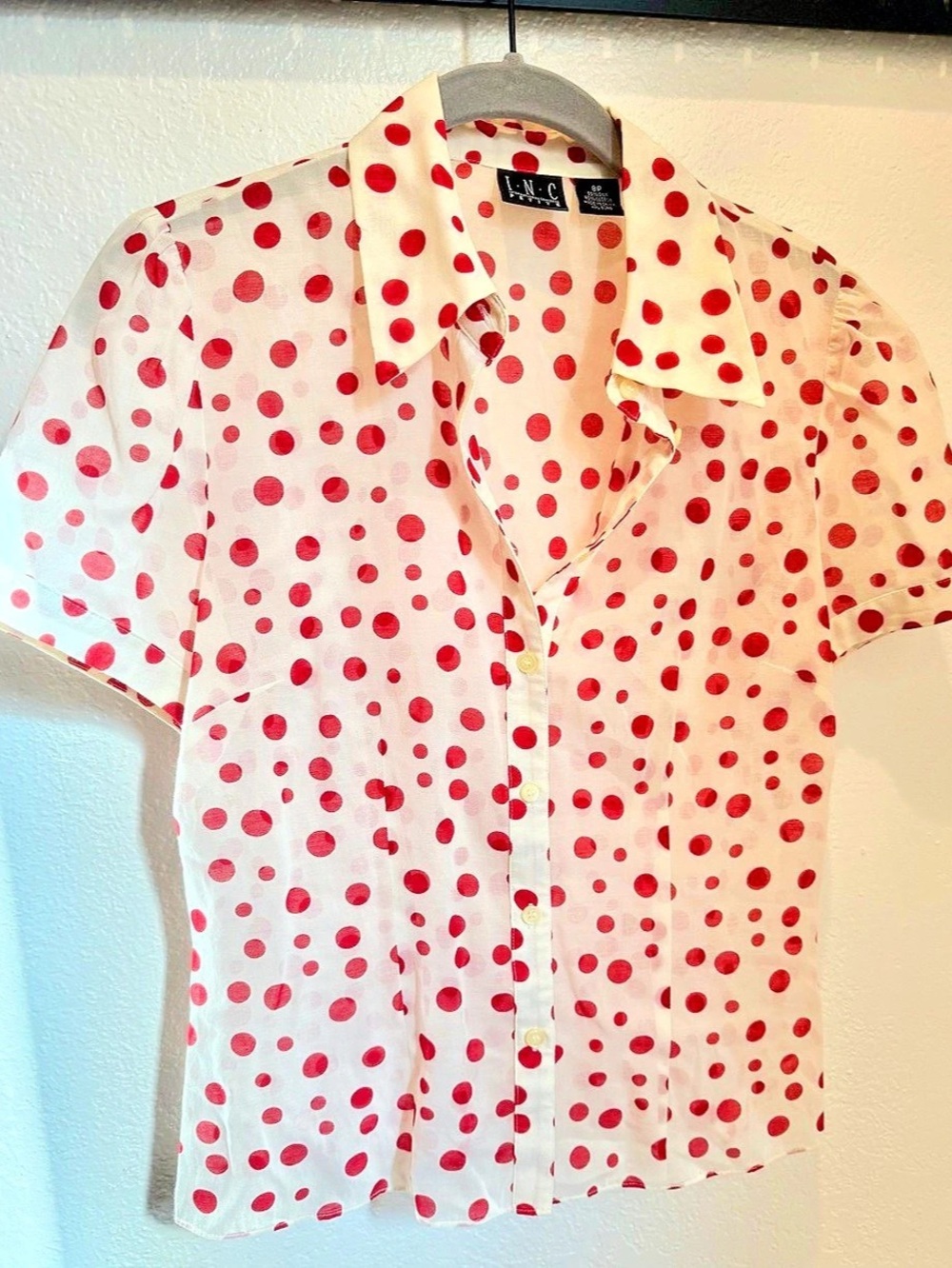 I.N.C International Concepts Silk blend Polka Dot Button Down Shirt in White & R